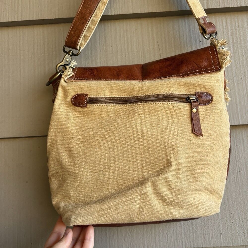 Vintage canvas leather postal messenger crossbody bag fringe trim boho - Picture 5 of 8